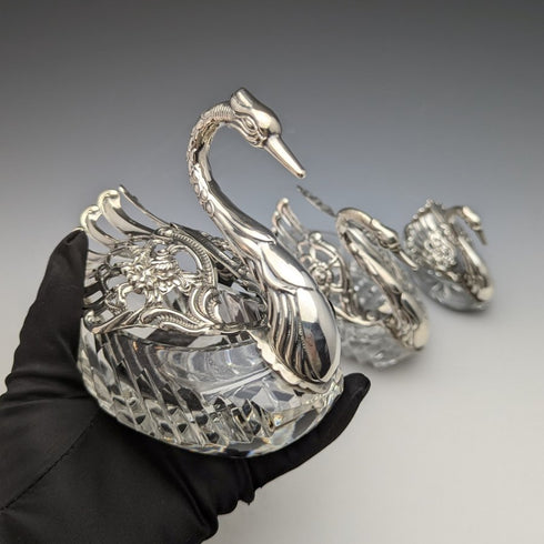 1972 British Vintage Swan Shape Sterling Silver & Cut Glass Accessory Case Large Medium Small Set of 3